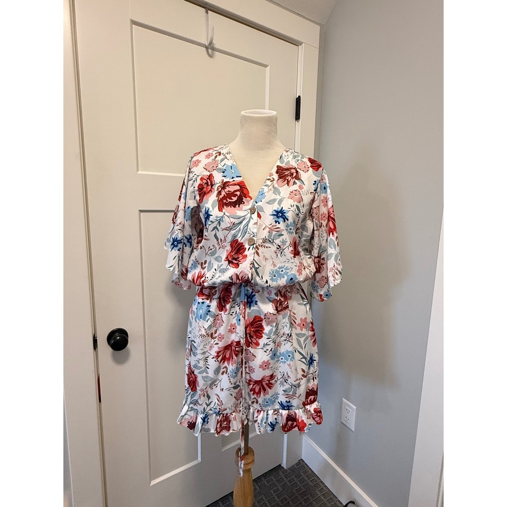 EXLURA‎ Women's Floral Print Ruffle Hem Romper Short Sleeve Elastic Waist Size M - Picture 2 of 7
